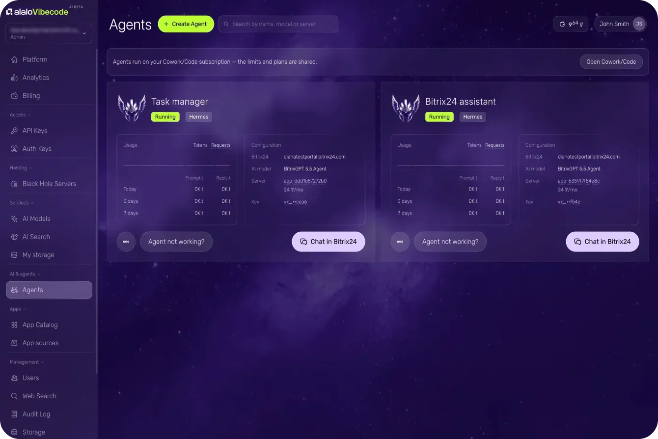 Lista de agentes de IA na plataforma Vibecode