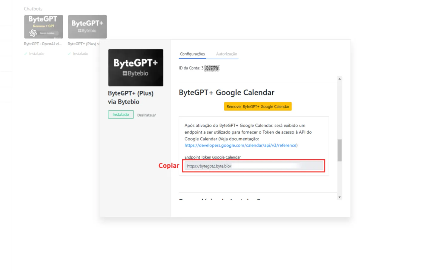 Получение токена конечной точки Google Календаря