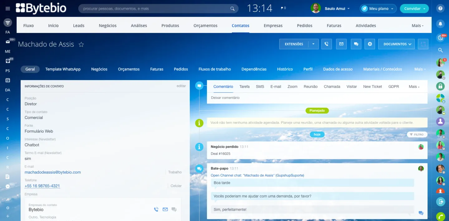 Bitrix24 CRM: Contactar con "Machado de Assis" en el CRM Bitrix24, la empresa Bytebio.