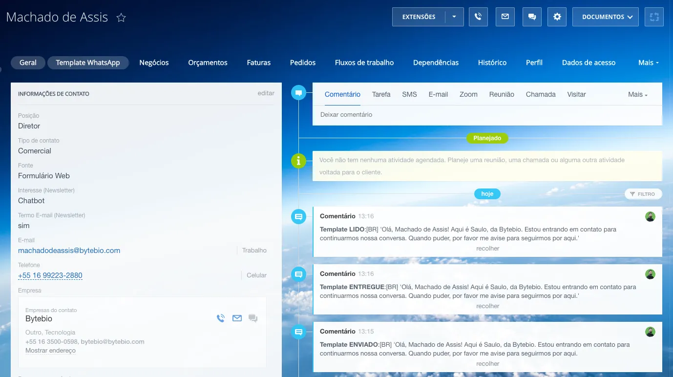 Bitrix24 CRM: puede ver el estado de entrega del mensaje de plantilla en los comentarios, para ver si fue enviado, entregado y leído.