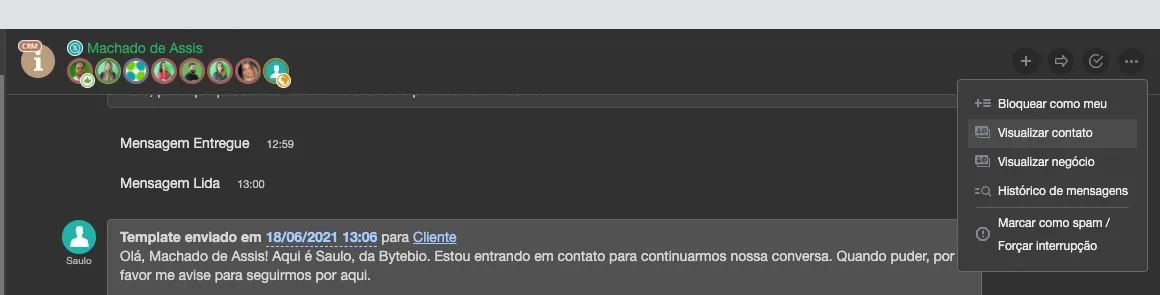 Bitrix24 de la empresa: Es posible visualizar el contacto, en el CRM, a partir de una conversación. Este contacto también se encuentra fácilmente mediante búsquedas generales. Bitrix24.