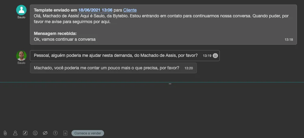 Bitrix24 de la empresa: Tenga en cuenta que el asistente envía un mensaje en modo "susurro" (con un candado en el frente), de forma privada, al equipo, y otro mensaje al cliente. Sólo el segundo mensaje es el que se mostrará al cliente en su WhatsApp.