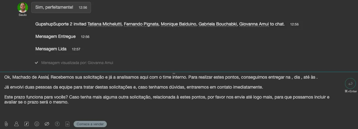 Bitrix24 empresa: Podemos escribir el mensaje normalmente, vía chat Bitrix24 y enviar al cliente.