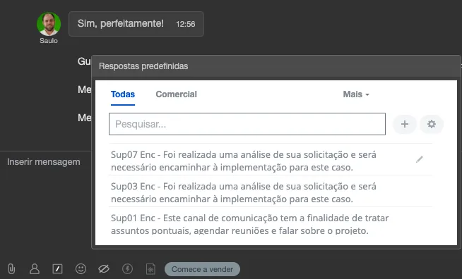 Bitrix24 empresa: También es posible tener un banco de respuestas predefinidas para que el asistente las seleccione y envíe, desde un banco.