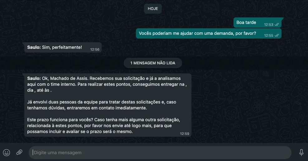 WhatsApp del cliente: Mensaje recibido en el WhatsApp del cliente.