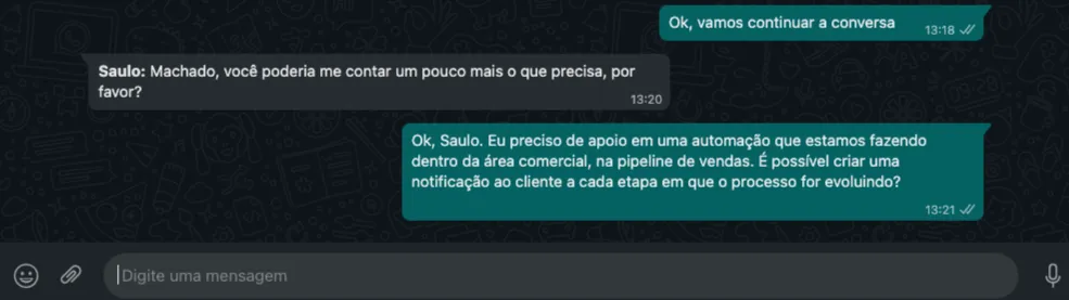 WhatsApp del cliente: El cliente responde al mensaje con una pregunta técnica.
