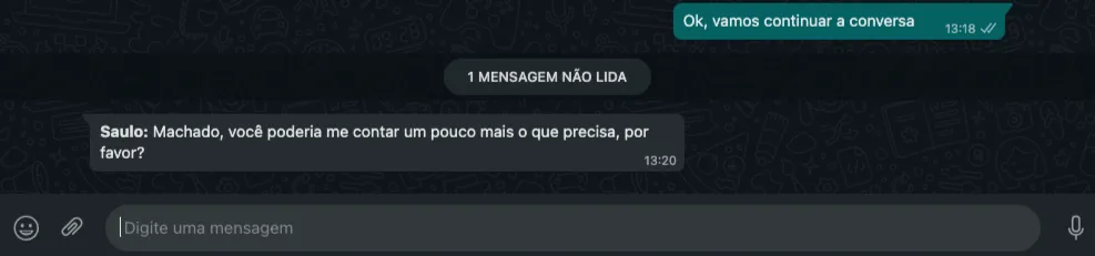 WhatsApp del cliente: tenga en cuenta que solo se entregó el mensaje normal al cliente. El mensaje del asistente, en modo "susurro", sólo se muestra en el chat del cliente. Bitrix24 (Imagen anterior).