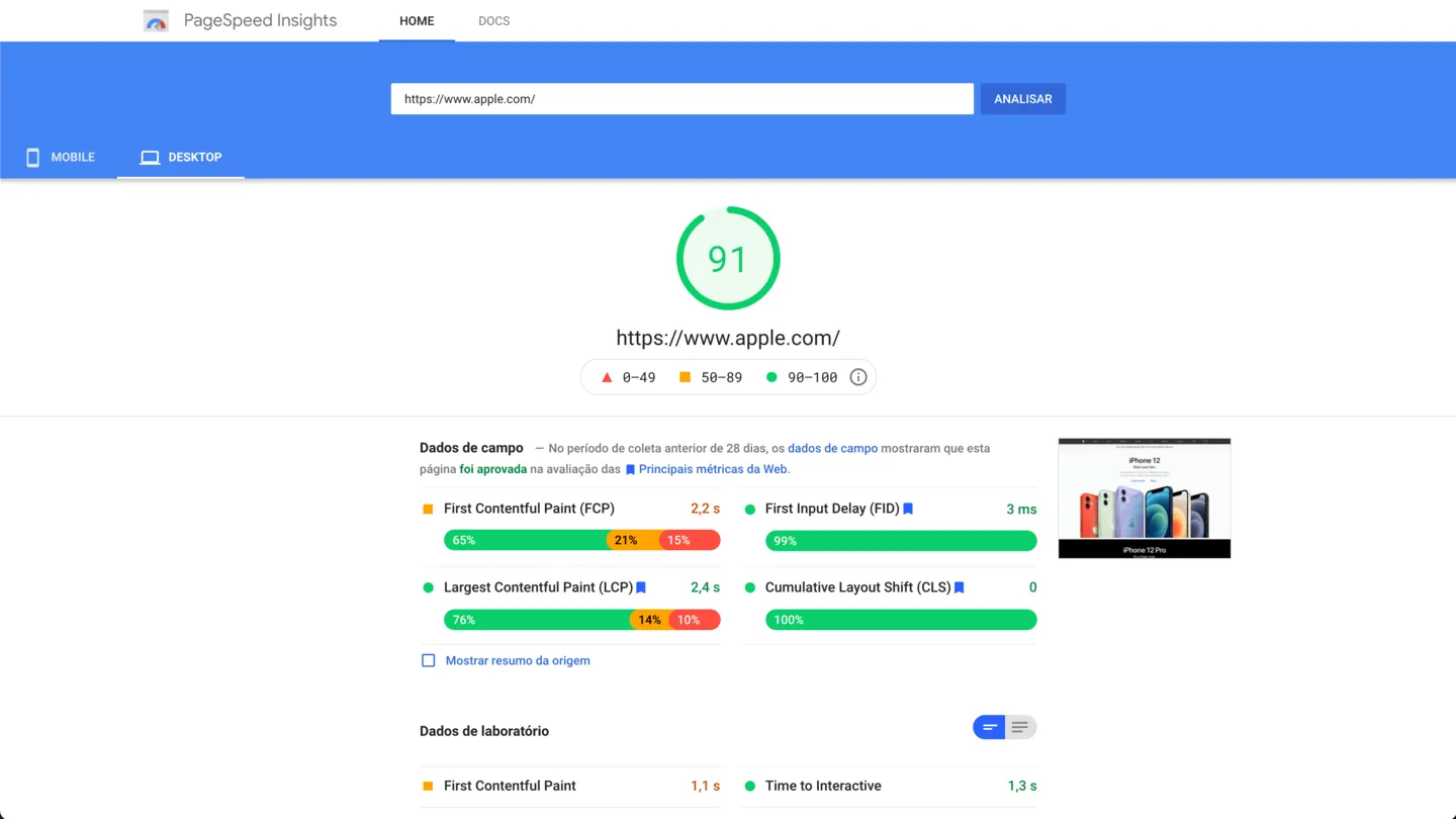 Оценка сайта Apple.com на Google Speed ​​Pages с оценкой 91 для Desktop