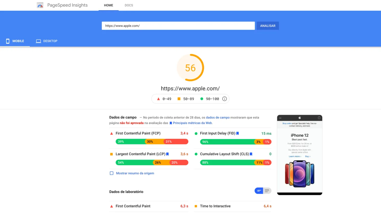 Оценка сайта Apple.com на Google Speed ​​Pages с оценкой 56 для мобильных устройств