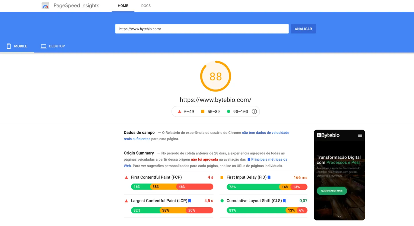 Оценка сайта Bytebio.com на Google Speed ​​Pages с оценкой 88 для мобильных устройств.