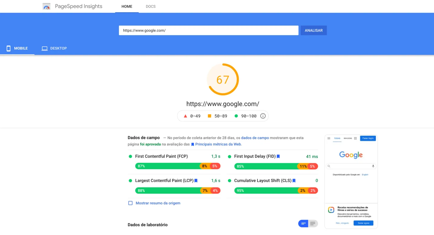 Оценка сайта Google.com на Google Speed ​​Pages с оценкой 67 для мобильных устройств