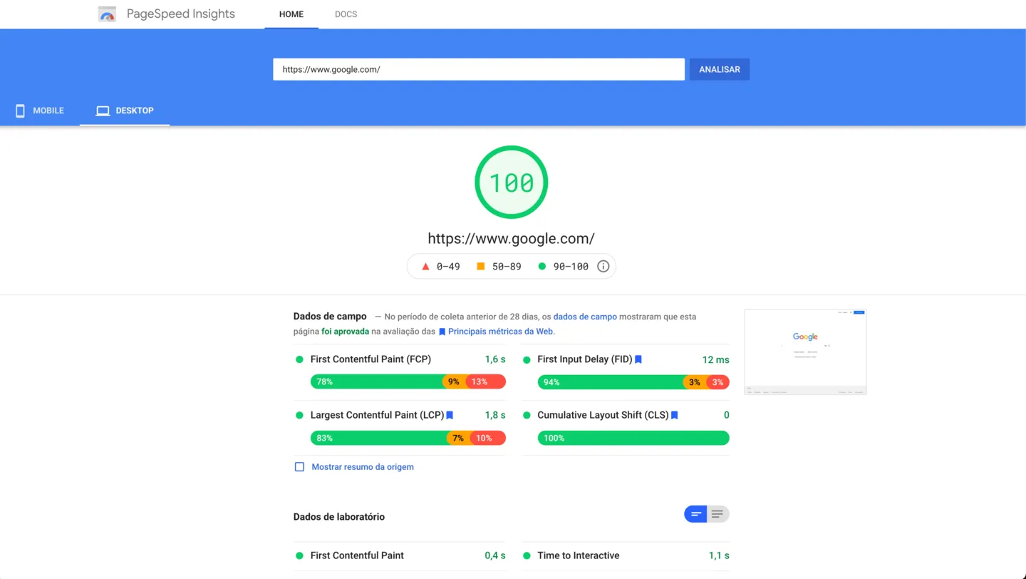 Оценка сайта Google.com на Google Speed ​​Pages с оценкой 100 для Desktop