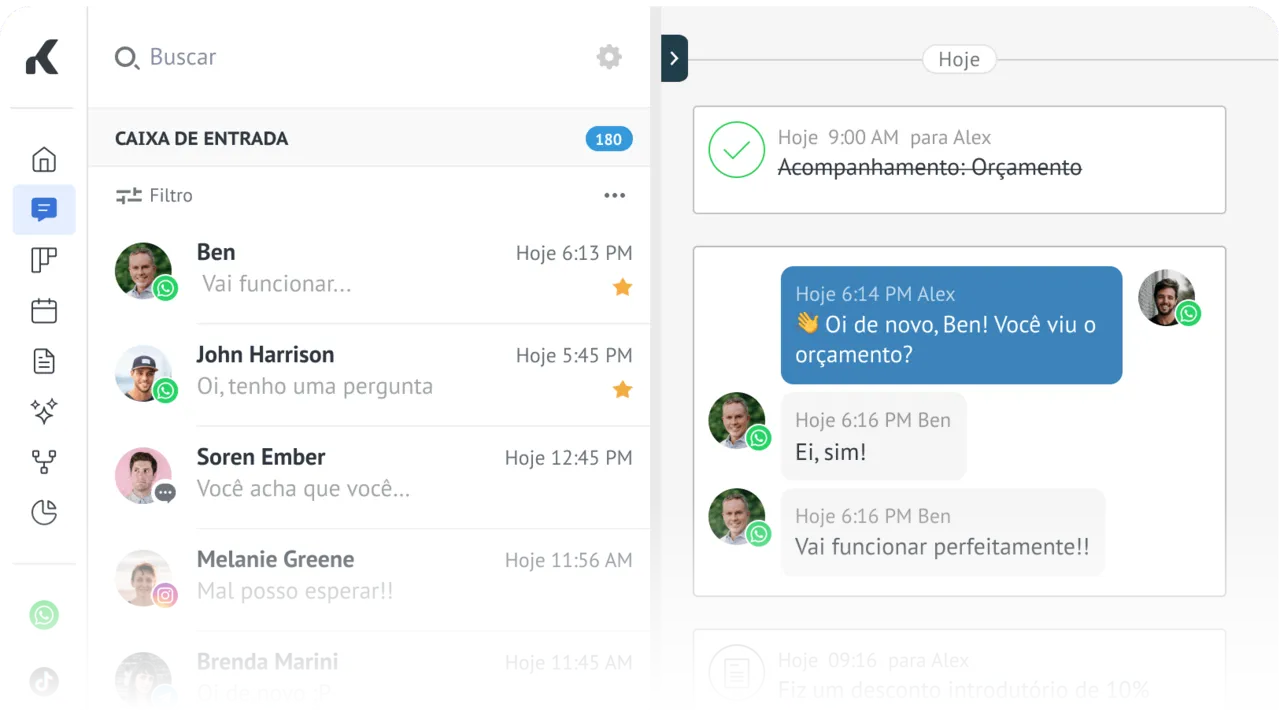 Inbox of Kommo With contacts on WhatsApp, Instagram, and Telegram, a completed budget task and conversation with the client.