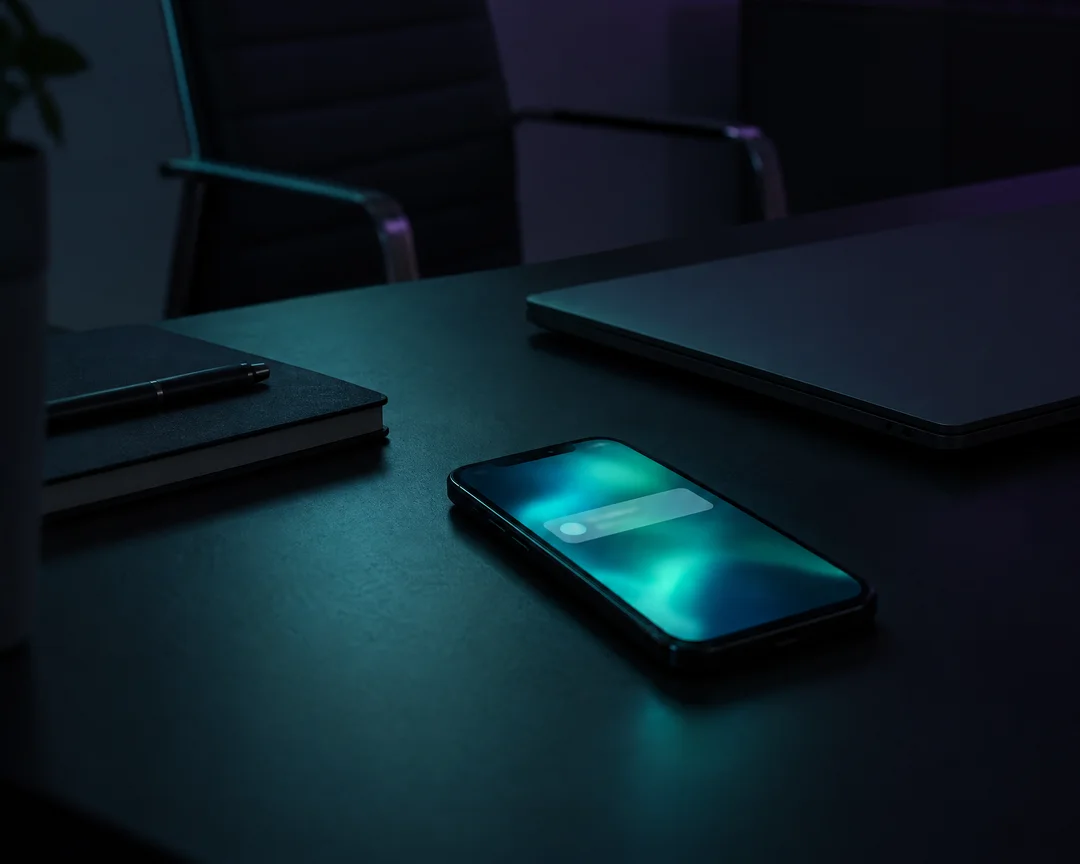 Mesa de um escritório comercial à noite, vazia, com o notebook fechado, um caderno e um celular aceso com uma notificação