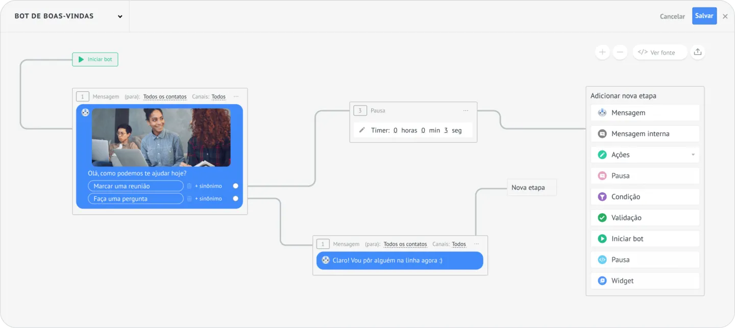 Визуальный редактор Salesbot Kommoс приветственным ботом, паузой и новым меню шагов.