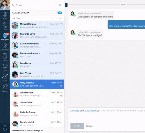 Пример экрана системы Kommo CRM с несколькими интегрированными каналами, такими как электронная почта, Instagram и WhatsApp