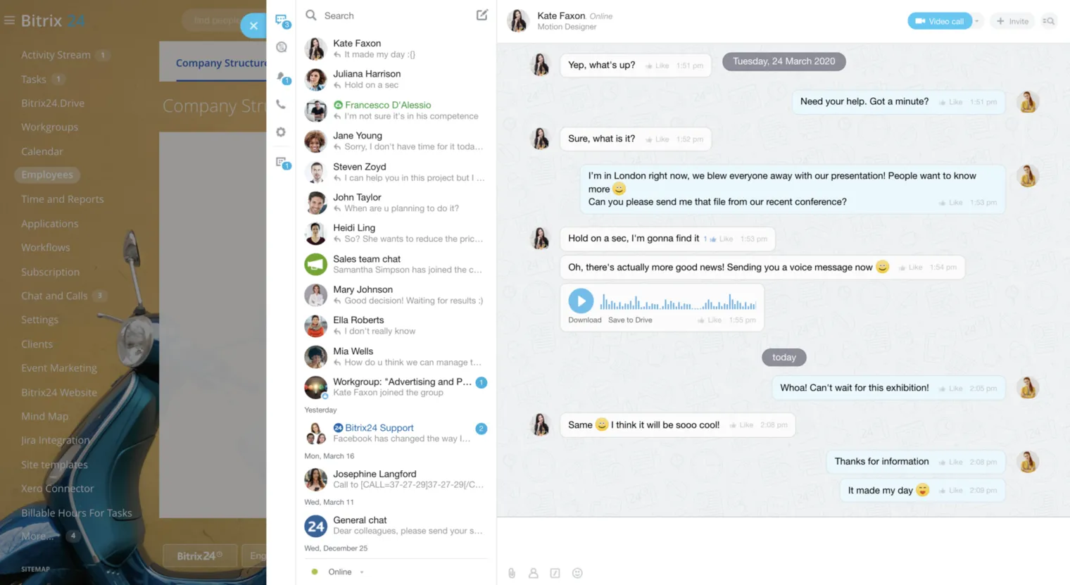 Captura de pantalla del chat interno (Messenger) de Bitrix24