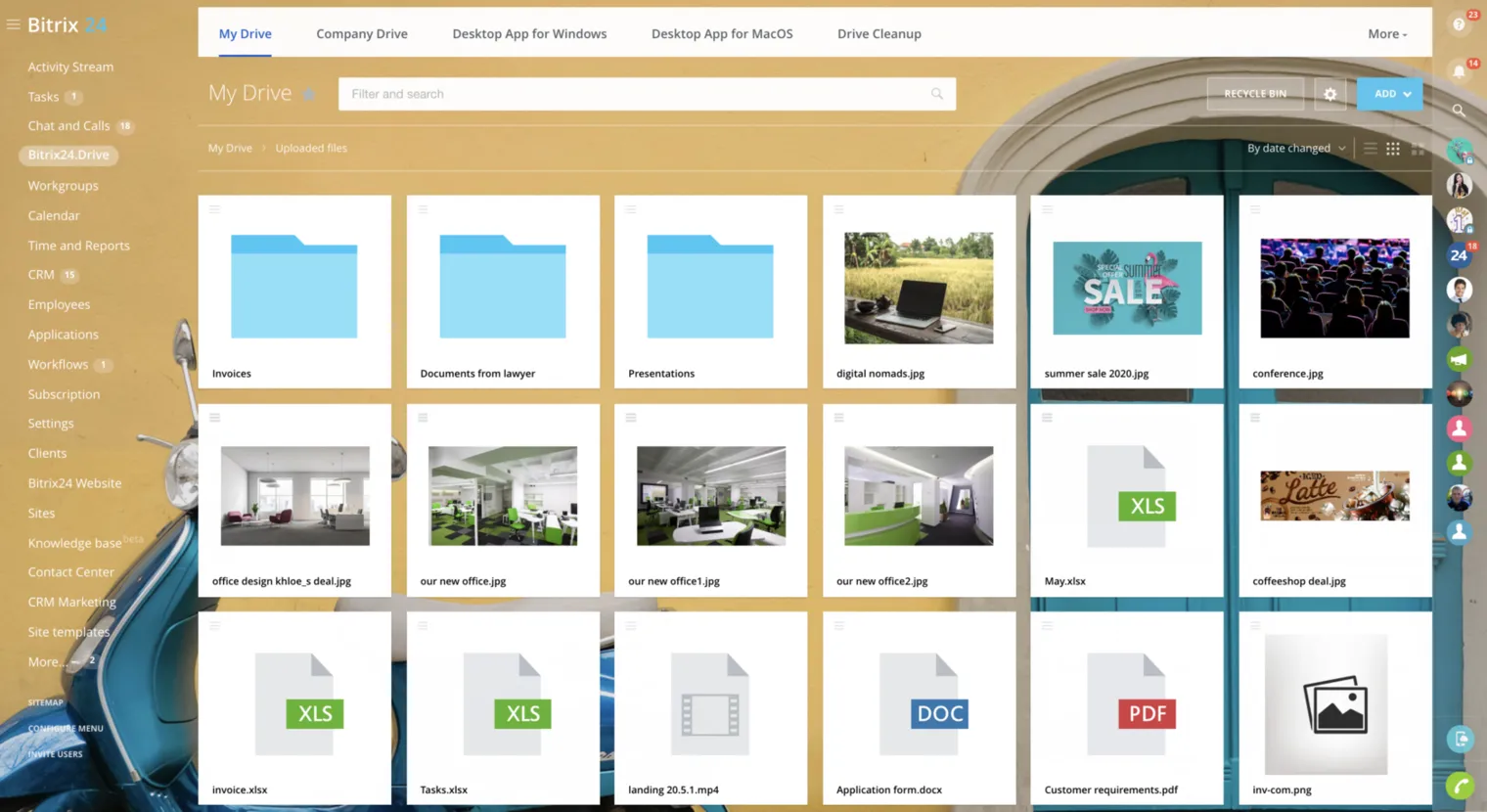 Captura de pantalla de Drive Bitrix24, con carpetas y archivos compartidos